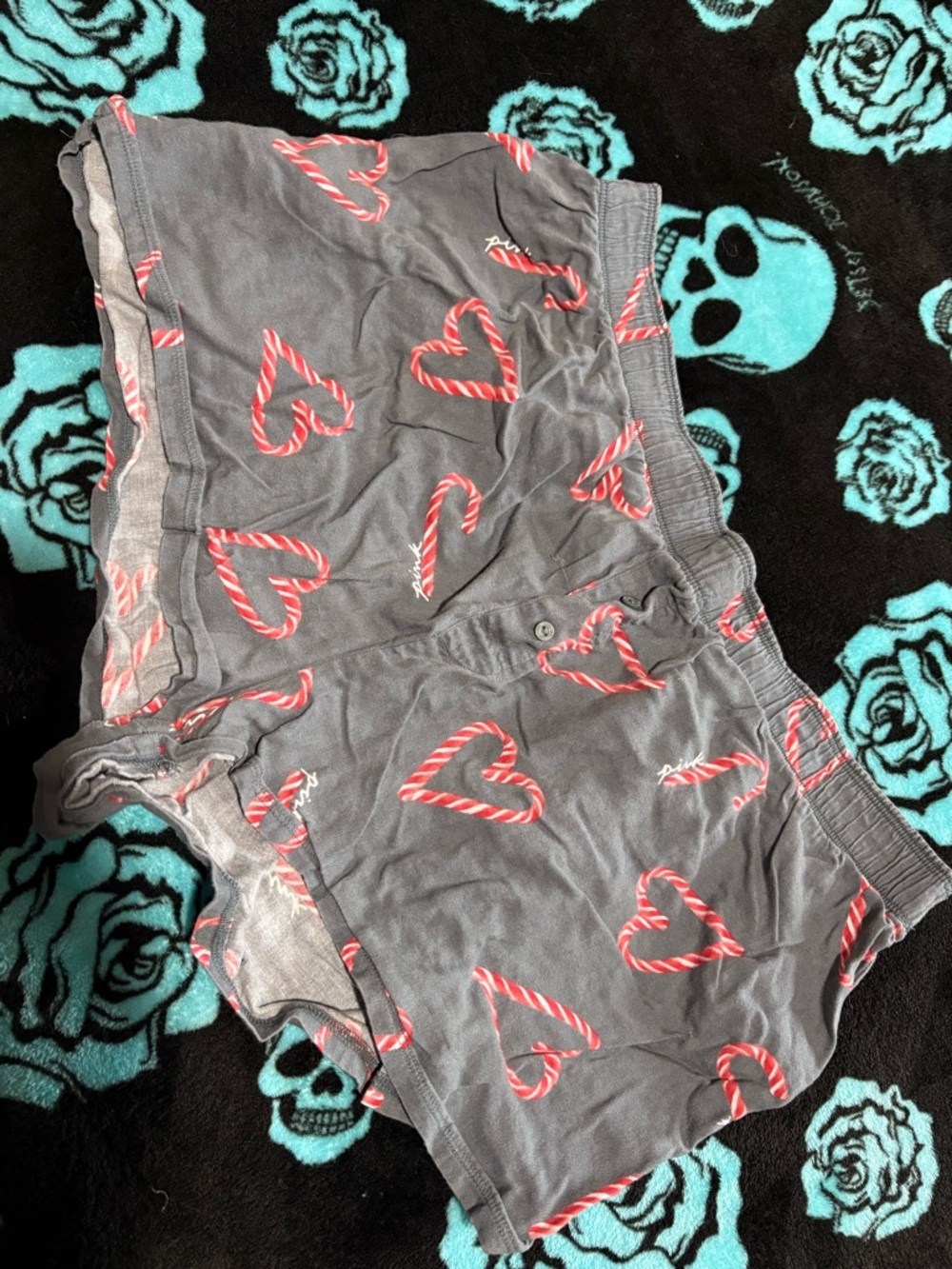 PINK Victoria's Secret Gray Shorts with Red Candy-Heart Print